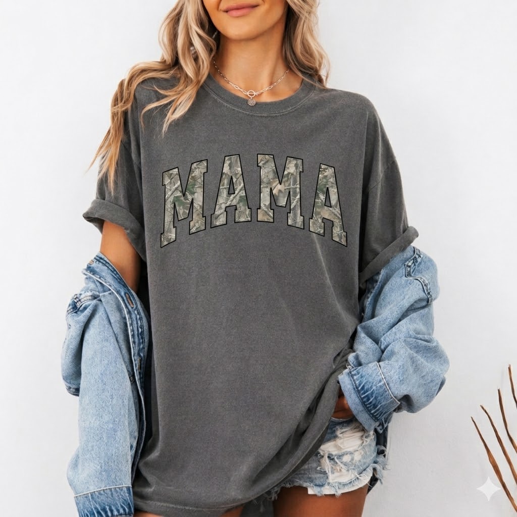 Premium Comfort Colors 1717 T-Shirt with Camo MAMA Print | Soft Wash Cotton Mom Tee - back view