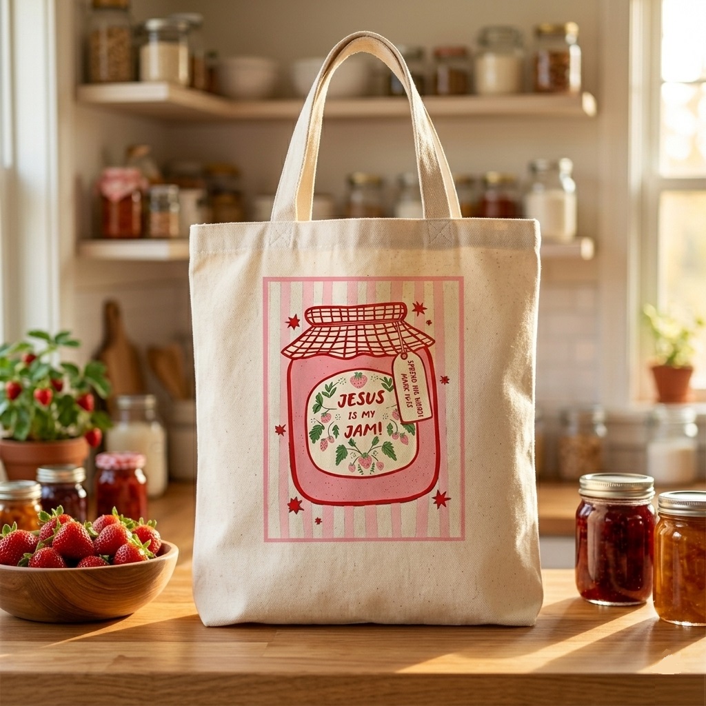 Cute Jesus Is My Jam Cotton Tote - Aesthetic Strawberry Jam Jar Beach Bag - back view