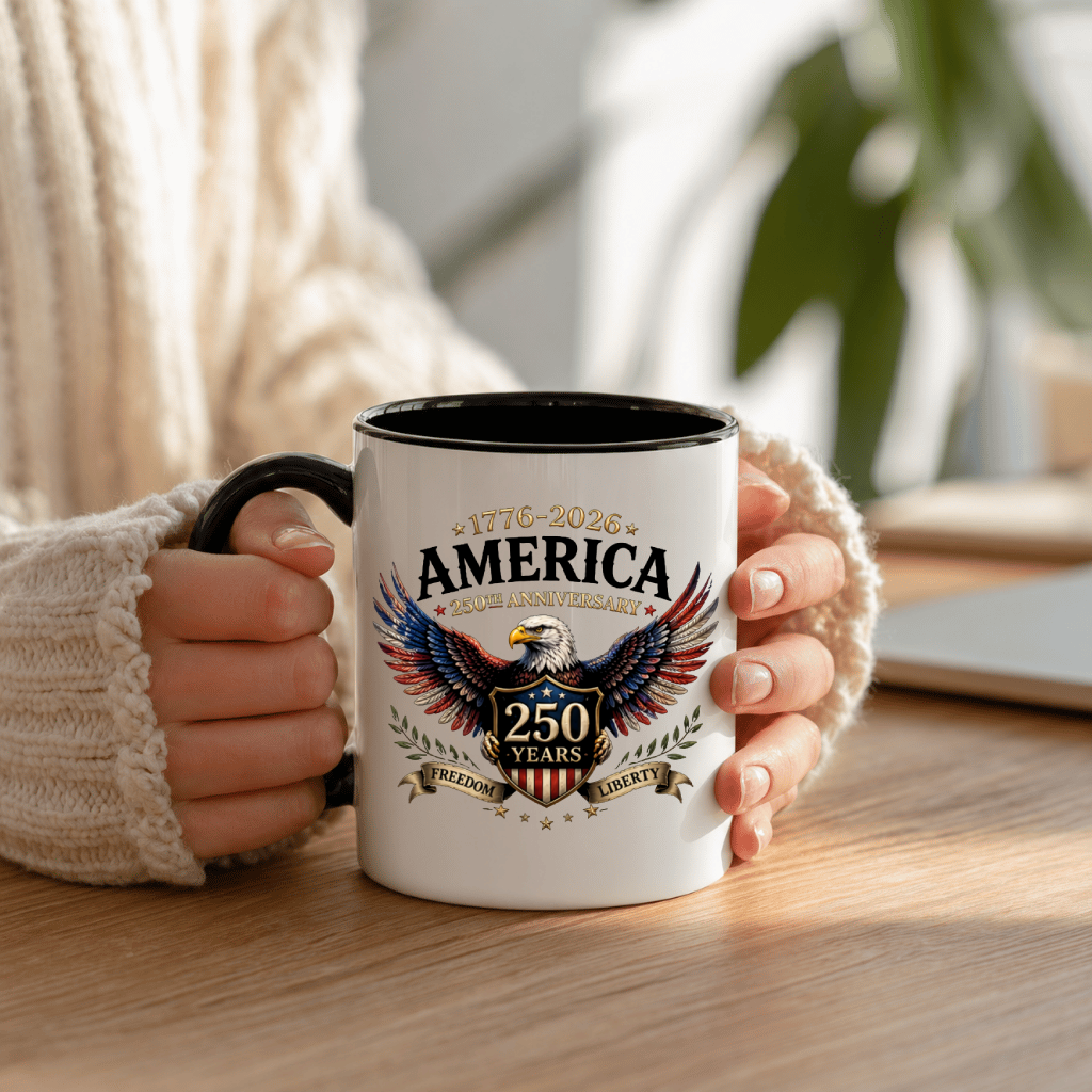 Liberty Eagle 1776–2026 Accent Mug – America 250th Anniversary Patriotic Graphic Gift for Him Her - lifestyle view