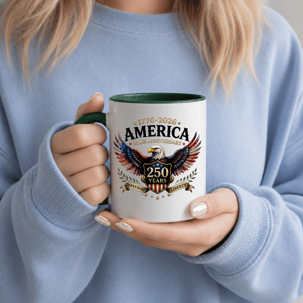 Liberty Eagle 1776–2026 Accent Mug – America 250th Anniversary Patriotic Graphic Gift for Him Her - back view