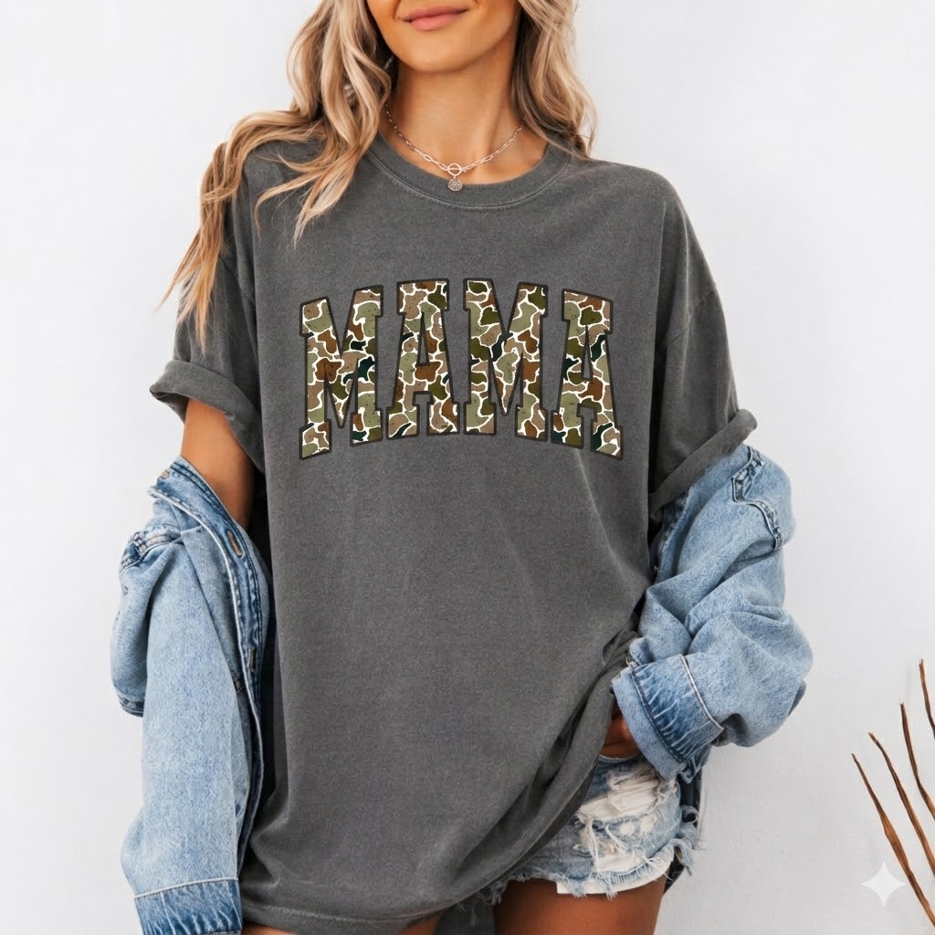 Camo Print Mama + Graphic T-Shirt + Everyday Wear + for Wife + Pepper Comfort Colors - back view