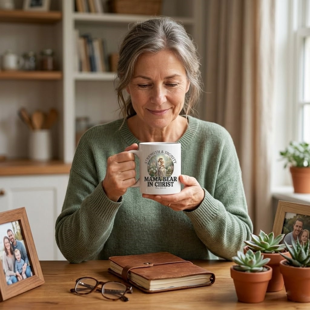 Mama Bear in Christ Strength Dignity White Mug – Christian Coffee Cup for Mom - back view