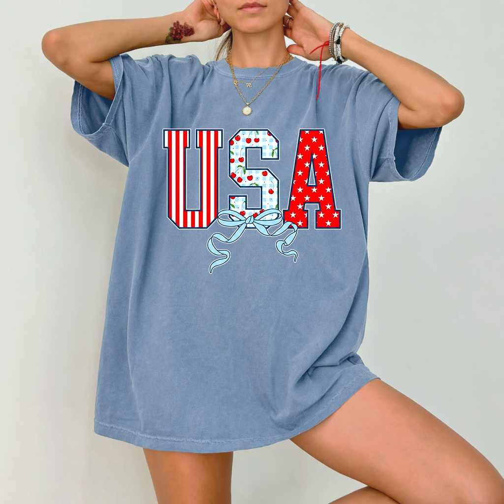 USA Flag Coquette Bow Wash Tee - Funny 4th of July Gift for women - back view