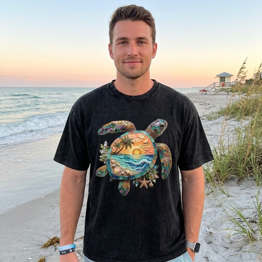 Vintage Wash Mosaic Turtle Tee - Retro Coastal Aesthetic Beach Shirt - back view