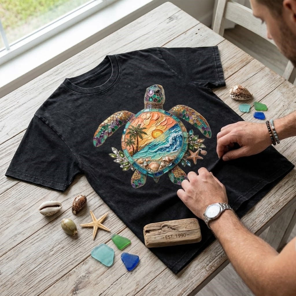 Vintage Wash Mosaic Turtle Tee - Retro Coastal Aesthetic Beach Shirt - detail view