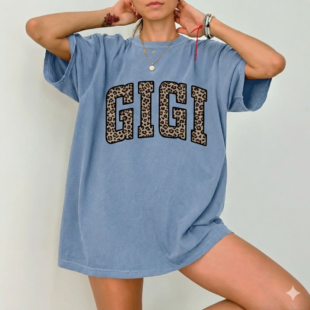 Personalized Leopard Print Gigi Granny Comfort Colors Tee Grandparents Day Gift for Her Modern Varsity Grandma - back view