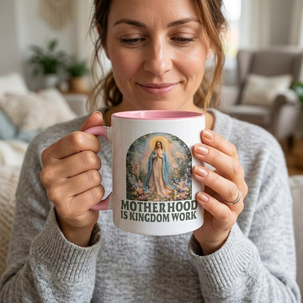 Motherhood is Kingdom Work Accent Mug – Religious Faith Gift for Mama - back view