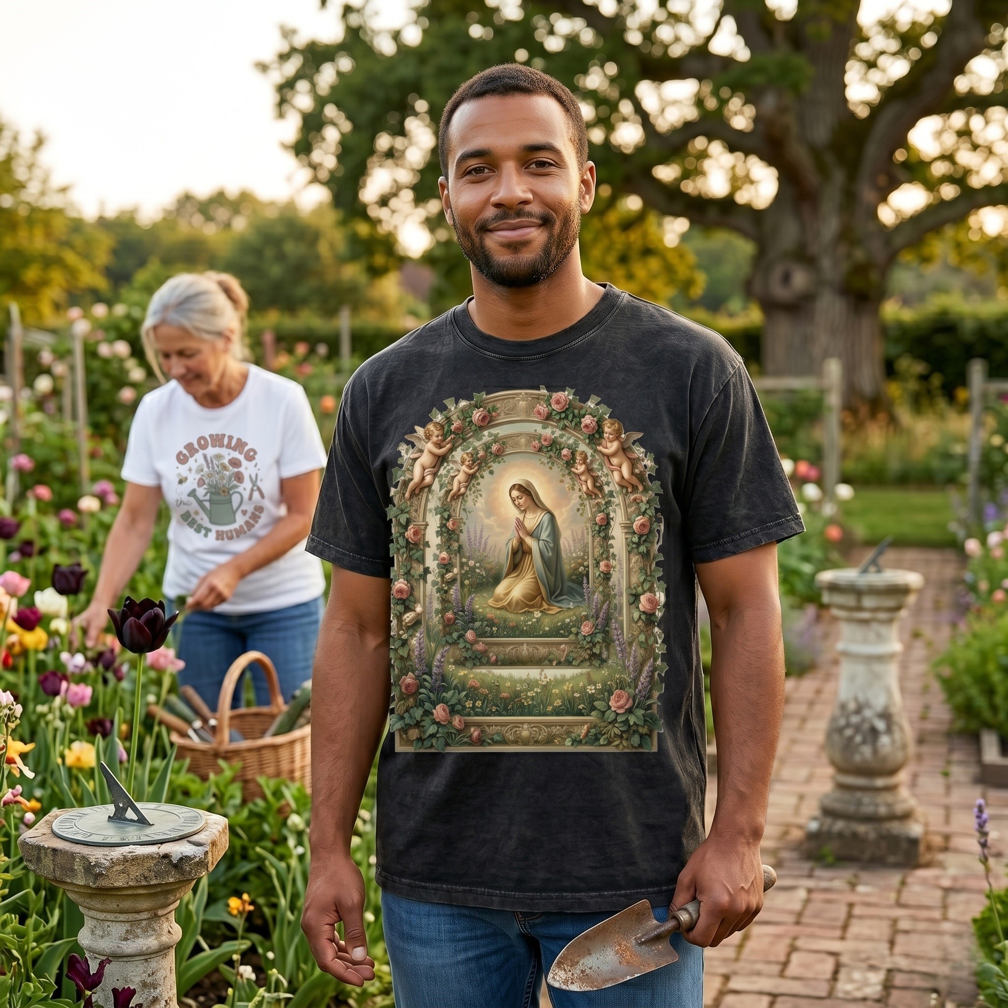 Mother of Perpetual Help Garden Prayer Wash Tee – Vintage Christian Gift - detail view