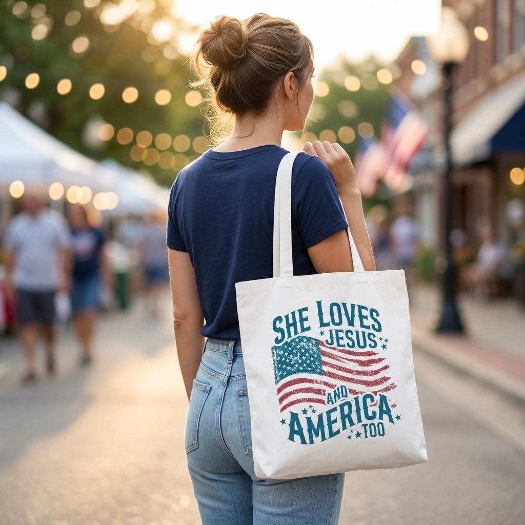 Patriotic Christian Cotton Tote Bag - She Loves Jesus Everyday Canvas Bag - back view