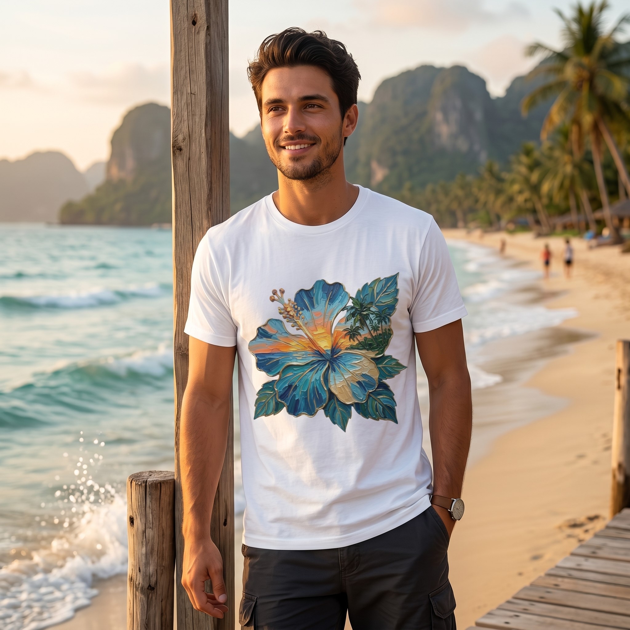 Blue Hibiscus Beach Sunset Oil Painting T-Shirt, Tropical Ocean Art Graphic Tee - detail view