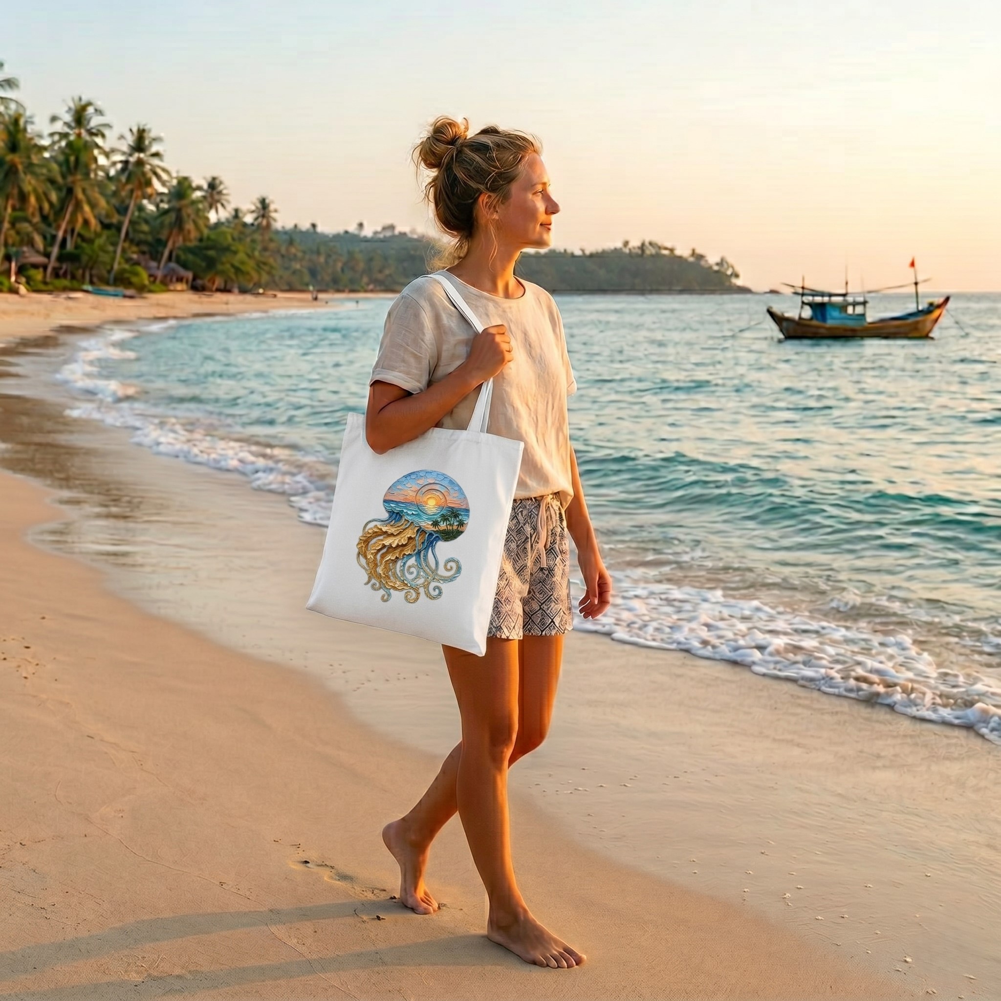 Jellyfish Ocean Landscape Cotton Tote Bag, Eco-Friendly Summer Beach Reusable Bag - detail view