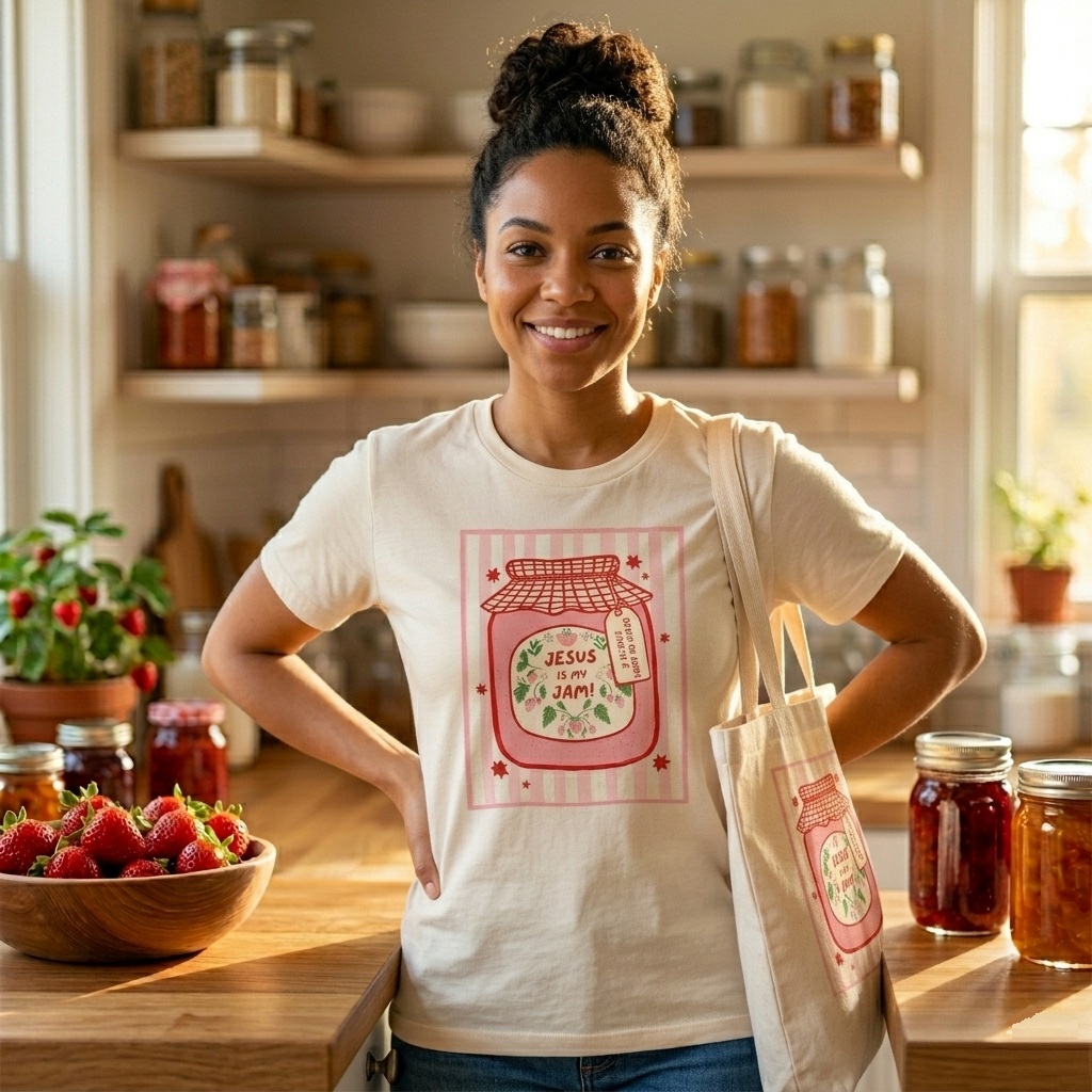 Cute Jesus Is My Jam Cotton Tote - Aesthetic Strawberry Jam Jar Beach Bag - detail view