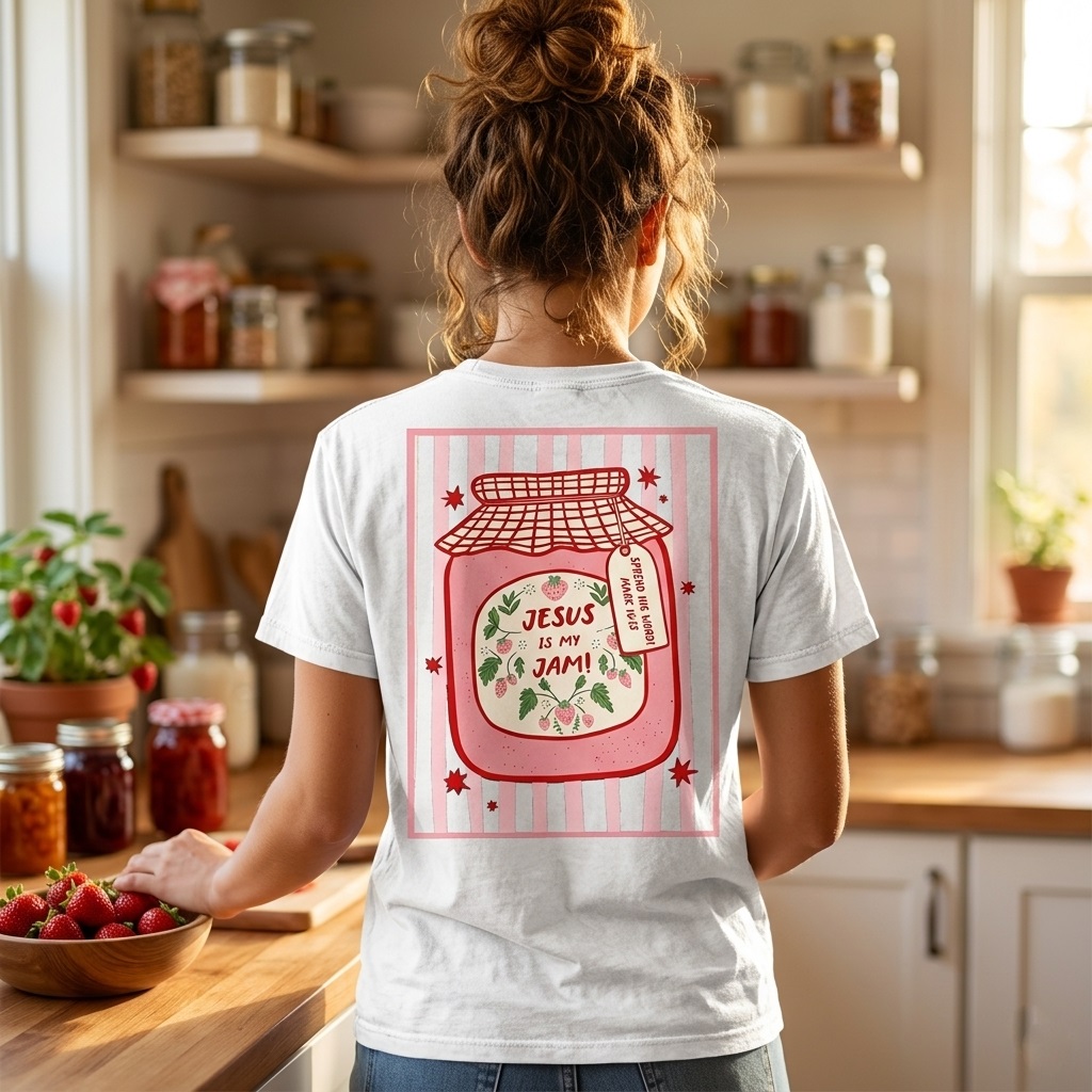 Comfort Colors Jesus Is My Jam Shirt - Premium Soft Pink Gingham Christian Tee - back view