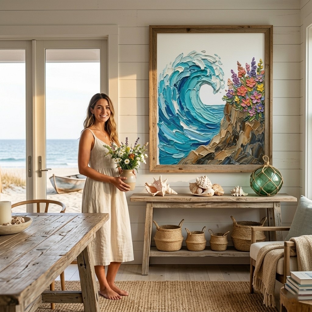 Ocean Wave & Wildflowers Impasto Art Poster – Textured Nature Wall Art Decor - back view