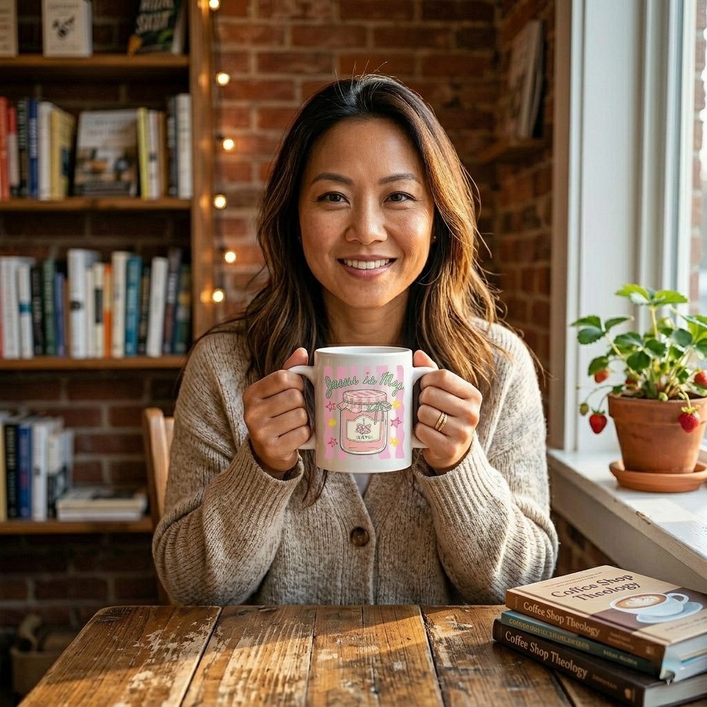 Jesus Is My Jam Ceramic Mug - 11oz Cute Pastel Berry Coffee Cup - detail view
