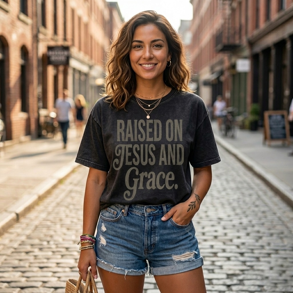 Raised On Jesus and Grace Wash Tee – Christian Gift for Believers Vintage Western Distressed - detail view