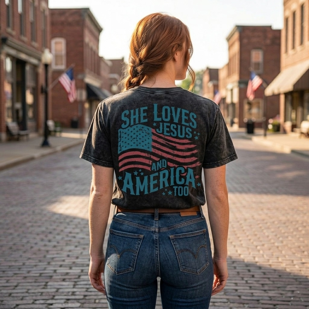 Vintage Wash She Loves Jesus T-Shirt - Distressed Patriotic Faith Shirt - back view