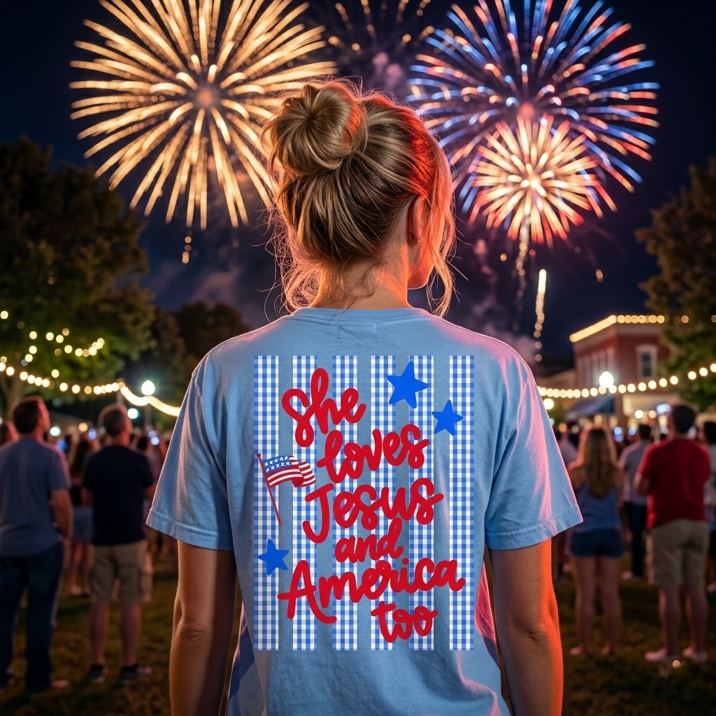 Comfort Colors She Loves Jesus Shirt - Premium Soft Blue Gingham America Tee - back view