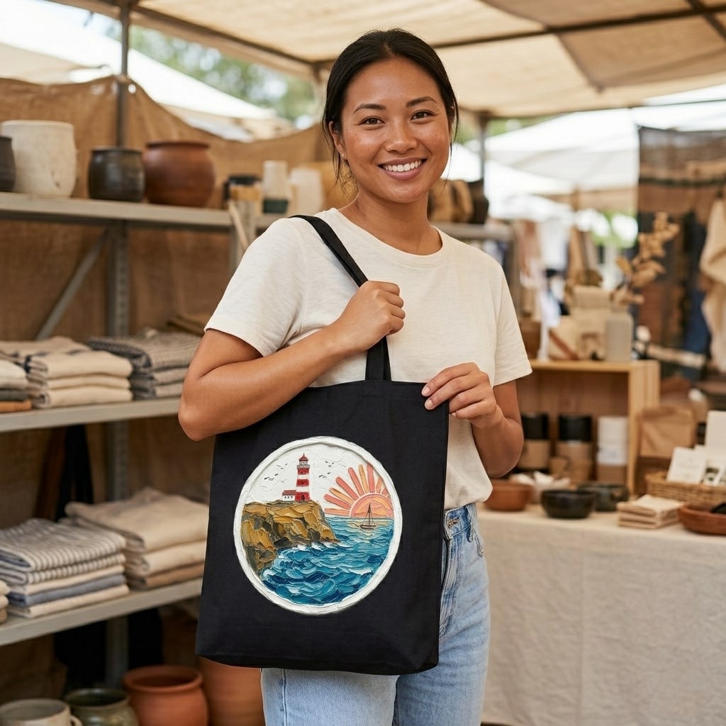 Lighthouse Sunset Impasto Oil Painting Cotton Tote – Canvas Beach Bag - detail view