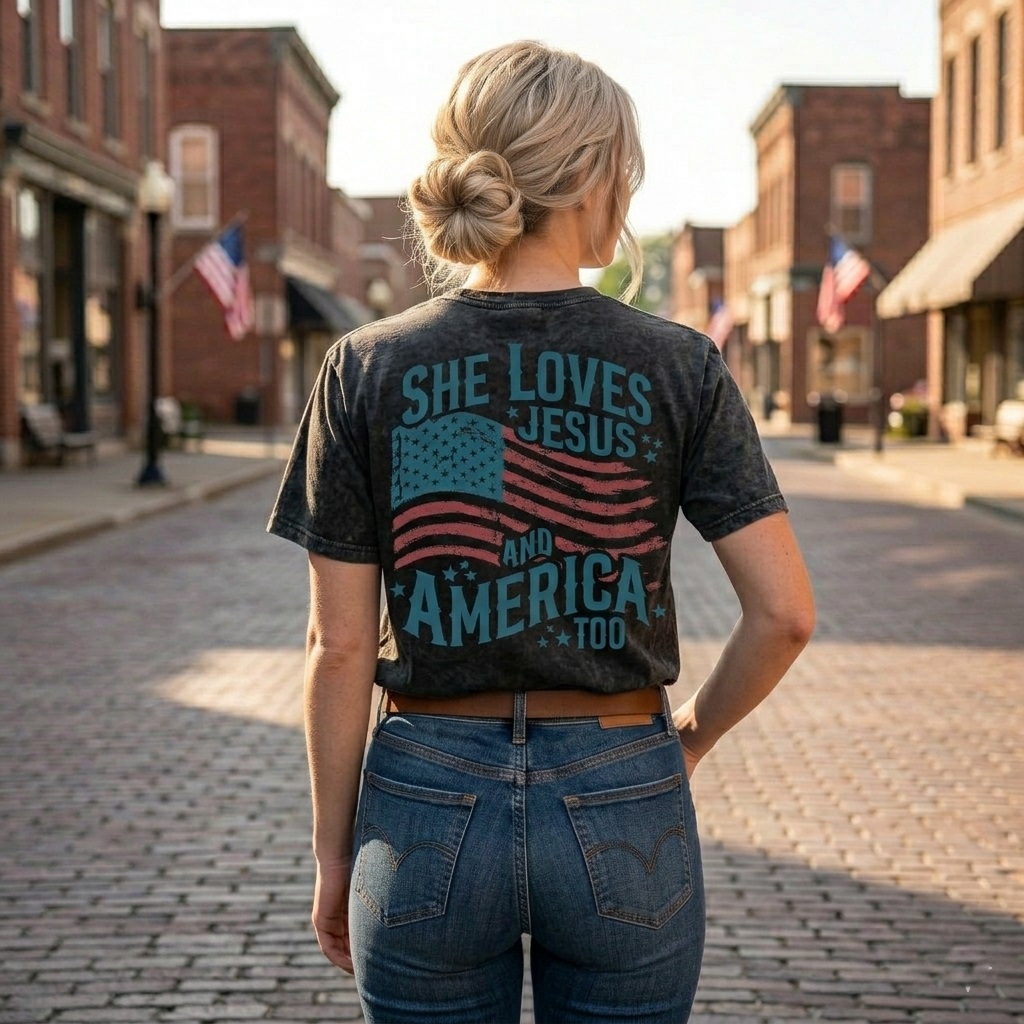Vintage Wash She Loves Jesus T-Shirt - Distressed Patriotic Faith Shirt - detail view