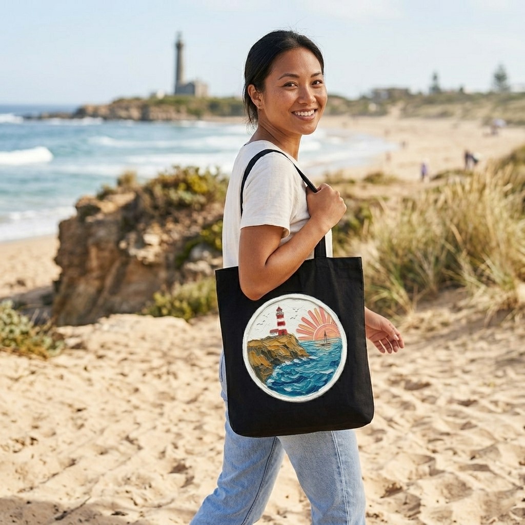 Lighthouse Sunset Impasto Oil Painting Cotton Tote – Canvas Beach Bag - back view
