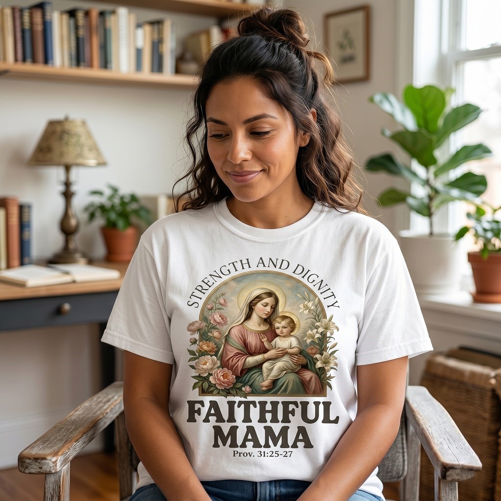 Faithful Mama Strength Dignity Comfort Colors – Premium Faith Mama Tee - detail view