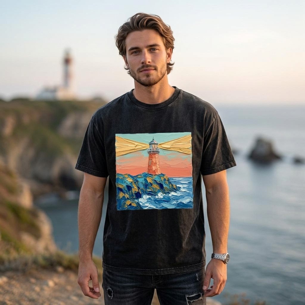 Radiant Lighthouse Beacon Impasto Art Wash Tee – Vintage Coastal Aesthetic - detail view