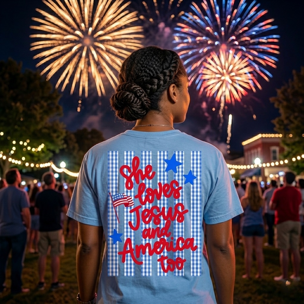 Comfort Colors She Loves Jesus Shirt - Premium Soft Blue Gingham America Tee - detail view