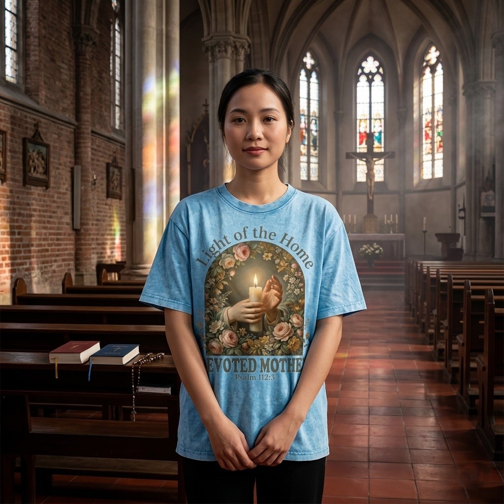 Light of the Home Devoted Mother Wash Tee – Vintage Faith Gift for Her - back view