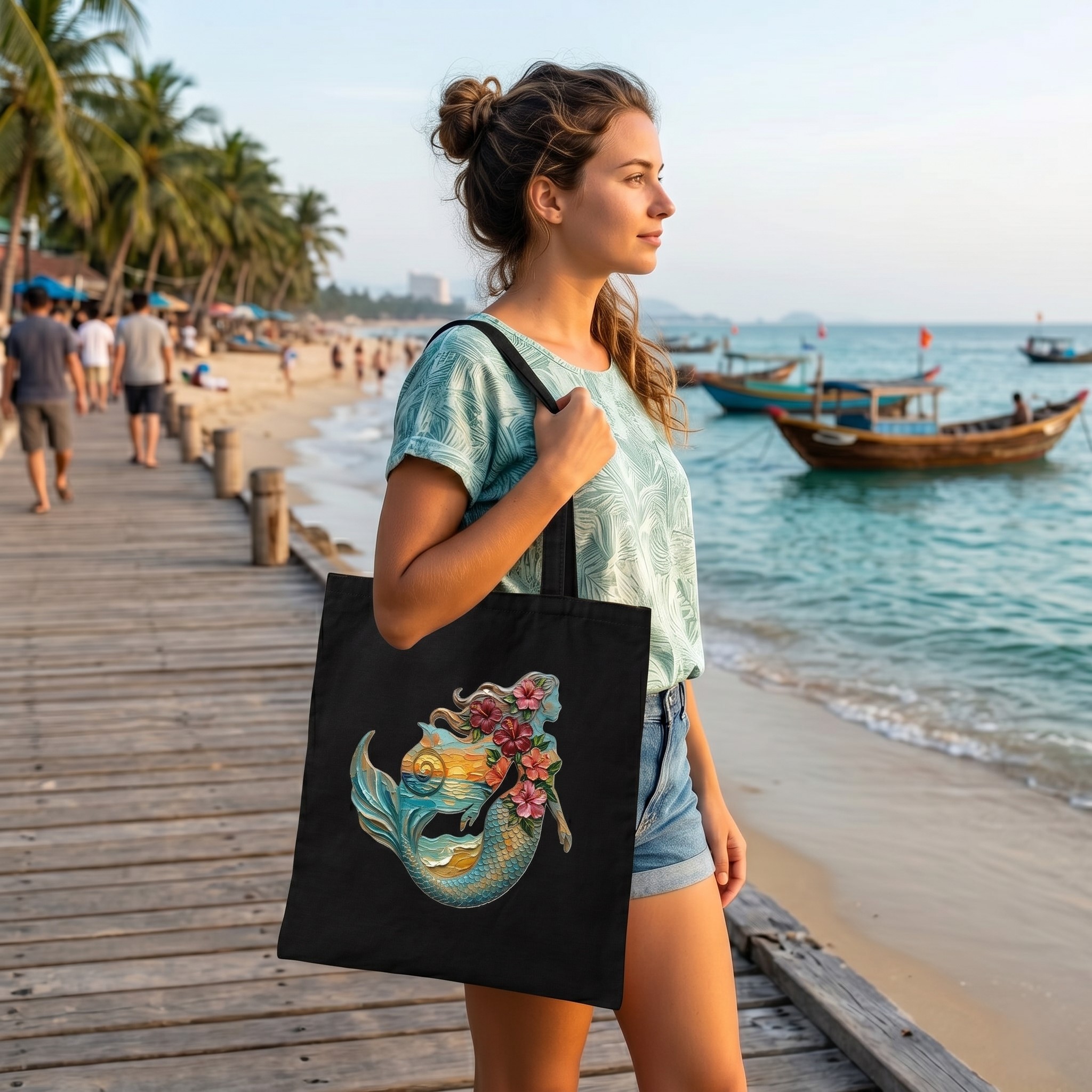 Mermaid Hibiscus Flower Cotton Tote Bag, Aesthetic Reusable Canvas Beach Bag - back view