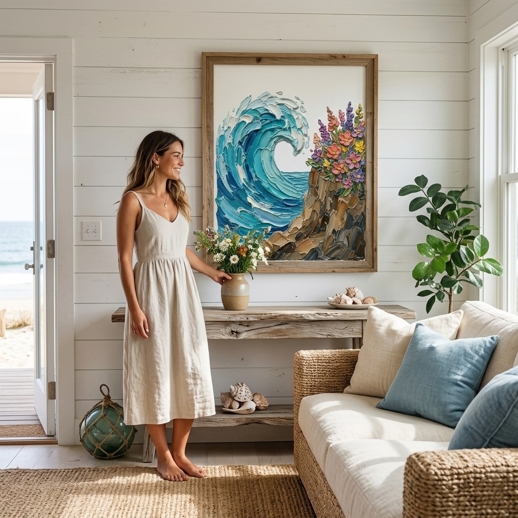 Ocean Wave & Wildflowers Impasto Art Poster – Textured Nature Wall Art Decor - detail view