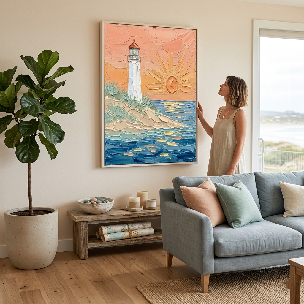 Lighthouse Sunset Art Poster – High Quality 3D Visual Graphic Wall Decor - detail view