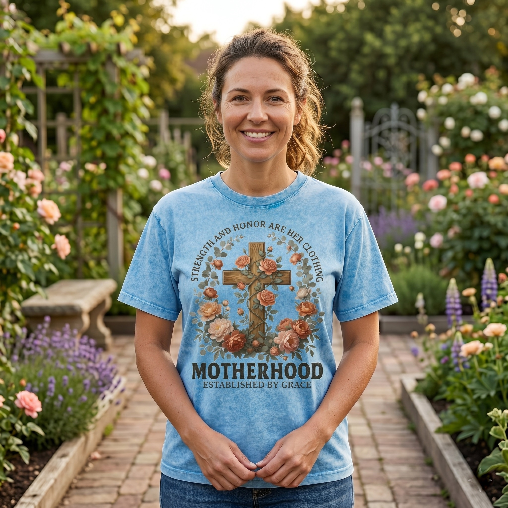Motherhood Established by Grace Wash Tee – Vintage Christian Motherhood Gift - back view