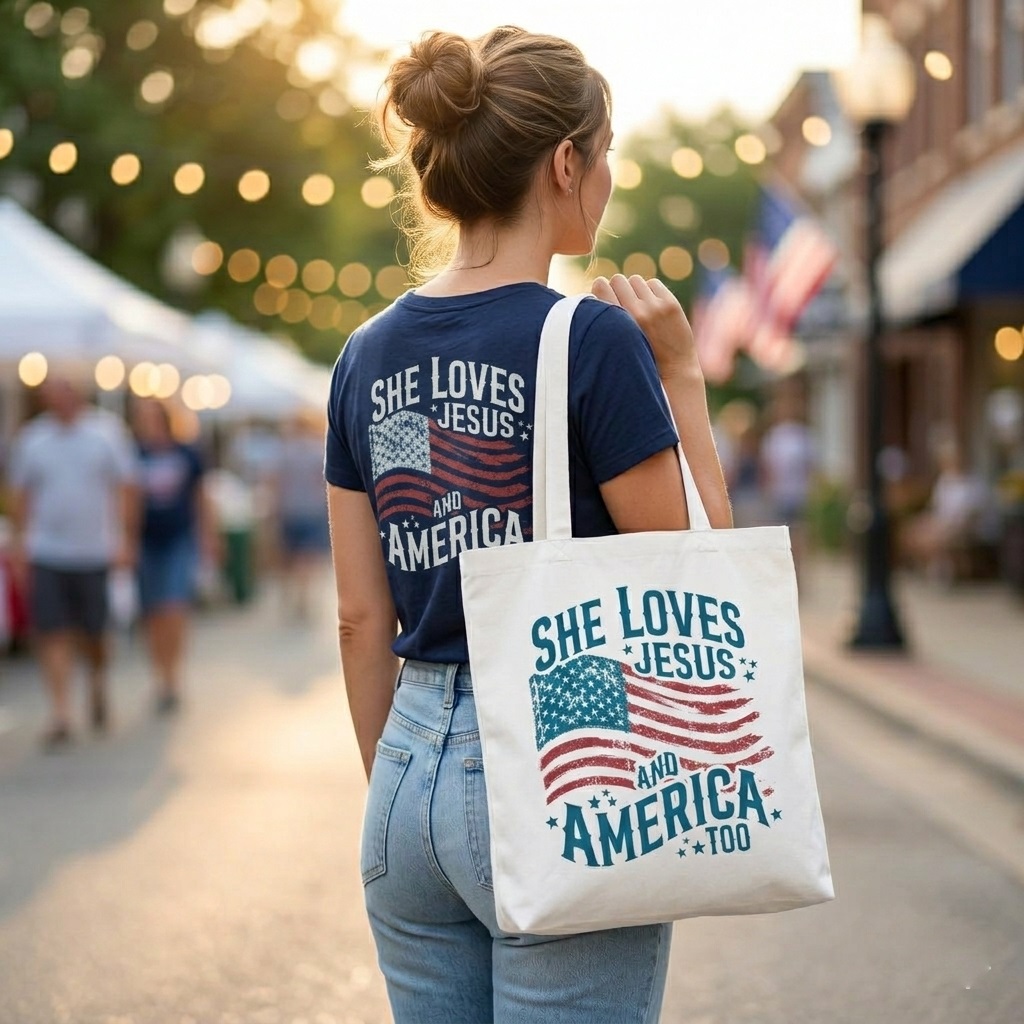 Patriotic Christian Cotton Tote Bag - She Loves Jesus Everyday Canvas Bag - detail view