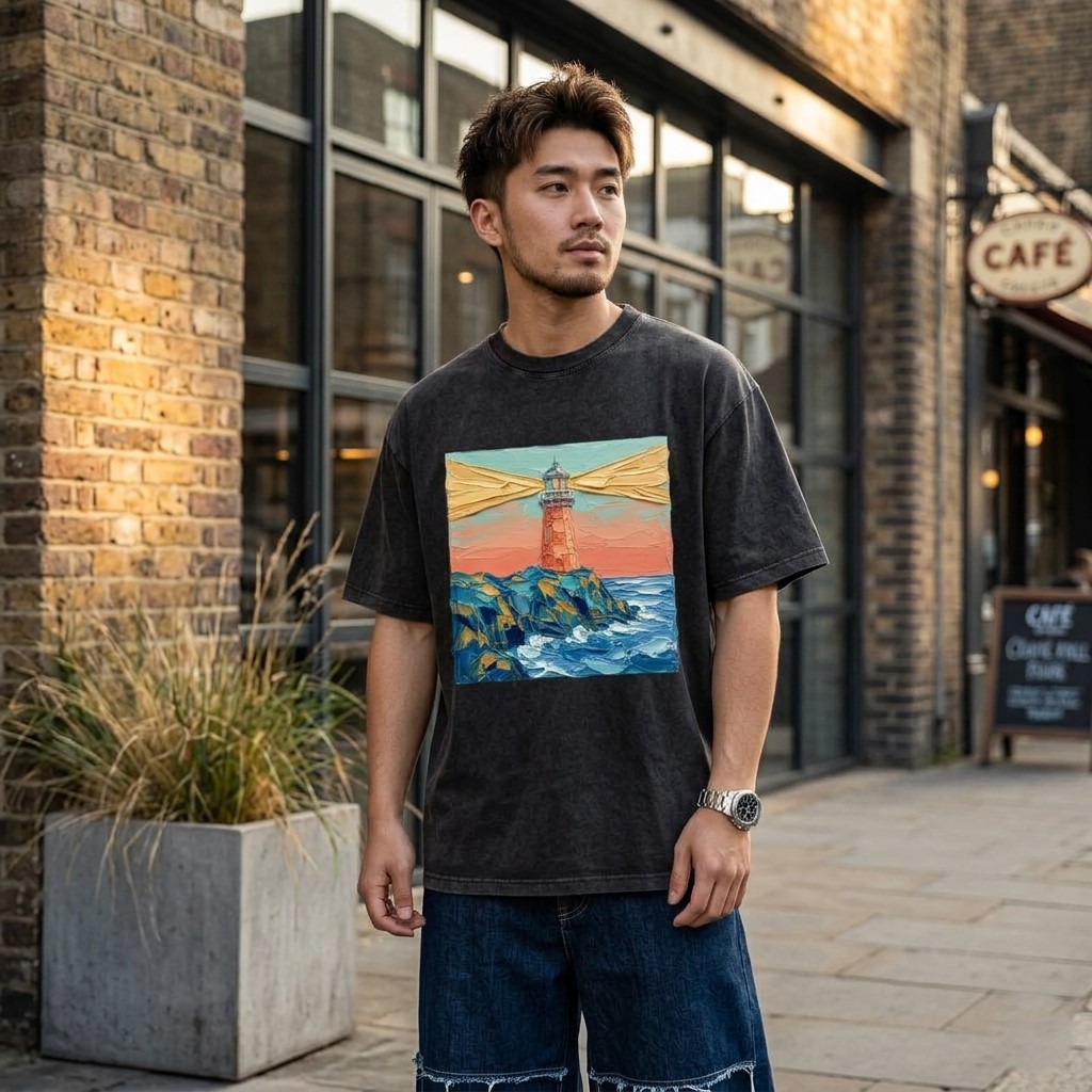 Radiant Lighthouse Beacon Impasto Art Wash Tee – Vintage Coastal Aesthetic - back view