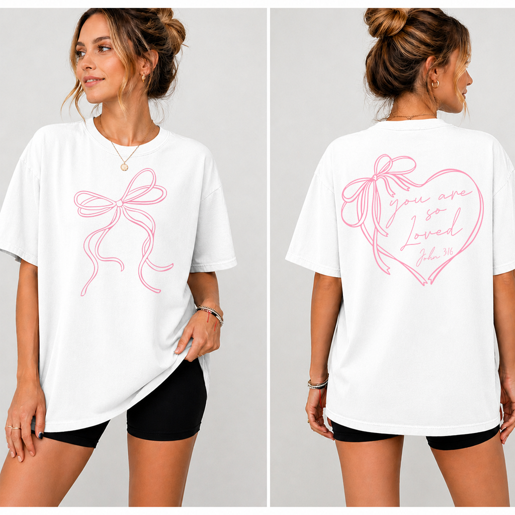 Pink Coquette Bow You Are So Loved Christian T-Shirt - John 3:16 Bible Verse Gift for Her - detail view