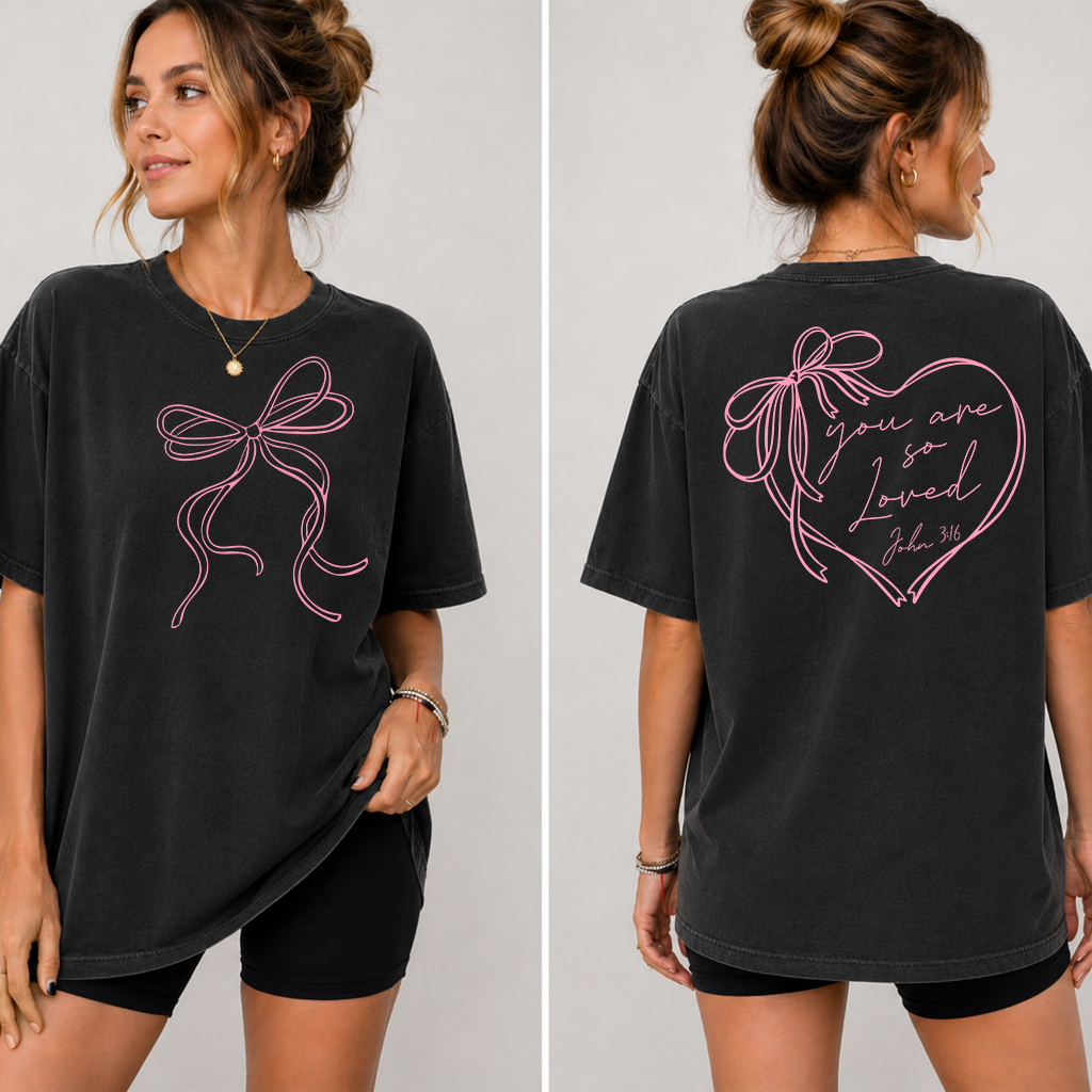 Pink Coquette Bow You Are So Loved Christian T-Shirt - John 3:16 Bible Verse Gift for Her - back view