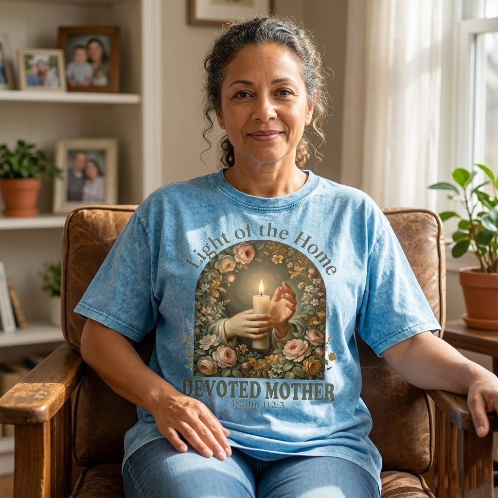 Light of the Home Devoted Mother Wash Tee – Vintage Faith Gift for Her - detail view