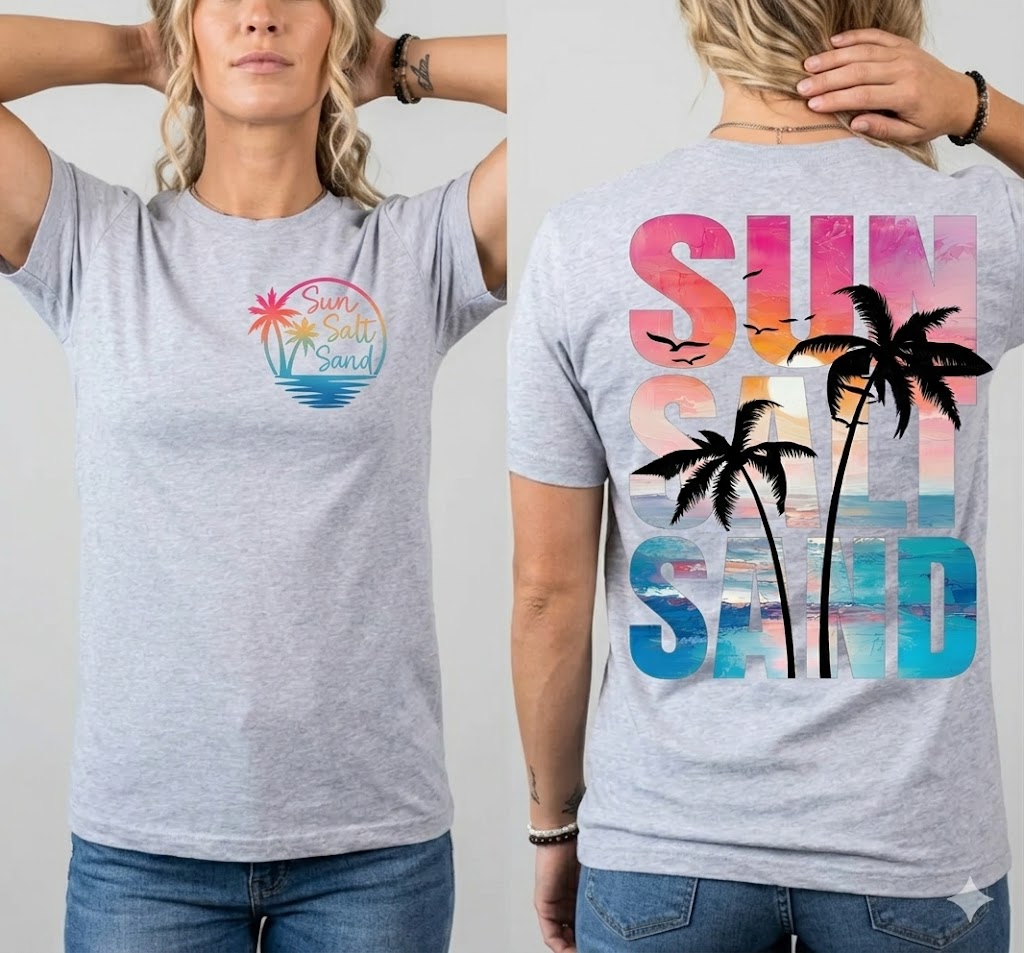 Retro Sun Salt Sand Comfort Colors T-Shirt Summer Beach Vacation for Women Aesthetic Front and Back Print - back view