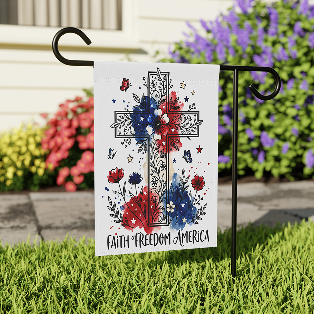 Floral Faith Freedom America Flag House Banner - Christian USA Patriotic Gift for Her - back view