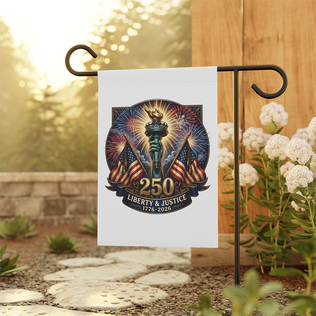 Liberty & Justice USA 250th Anniversary Garden Flag - Independence Day Gift for Her - back view