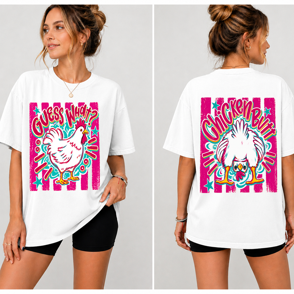 Guess What? Chicken Butt T-Shirt 2 sided - Cute Chicken Meme Gift for Farm Animal Lovers - detail view