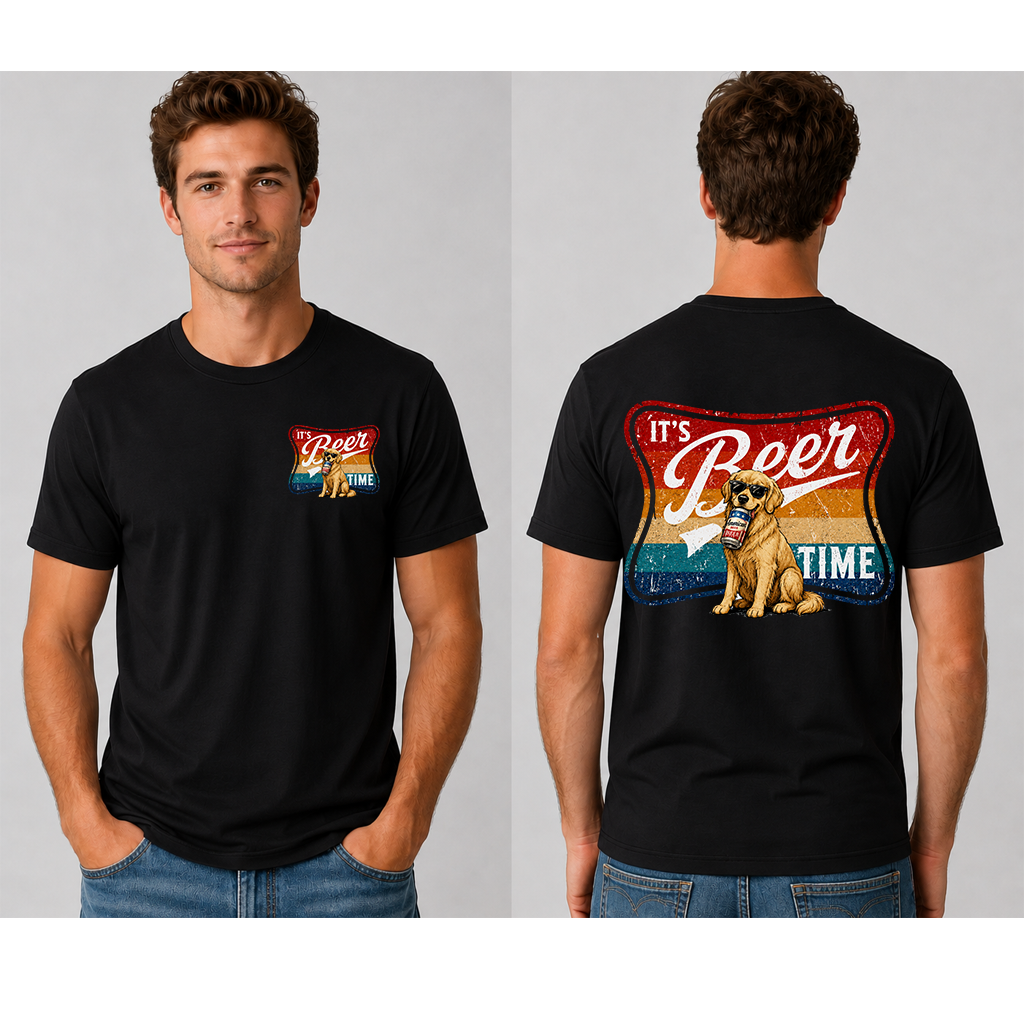 It's Beer Time Golden Retriever Drinking T-Shirt - Ideal Gift for Beer Lovers - detail view