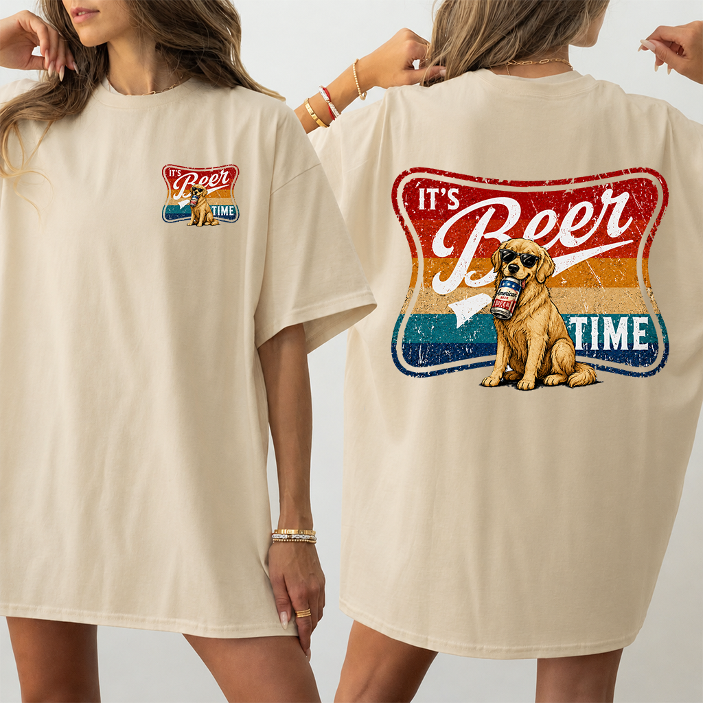 It's Beer Time Golden Retriever Drinking T-Shirt - Ideal Gift for Beer Lovers - back view
