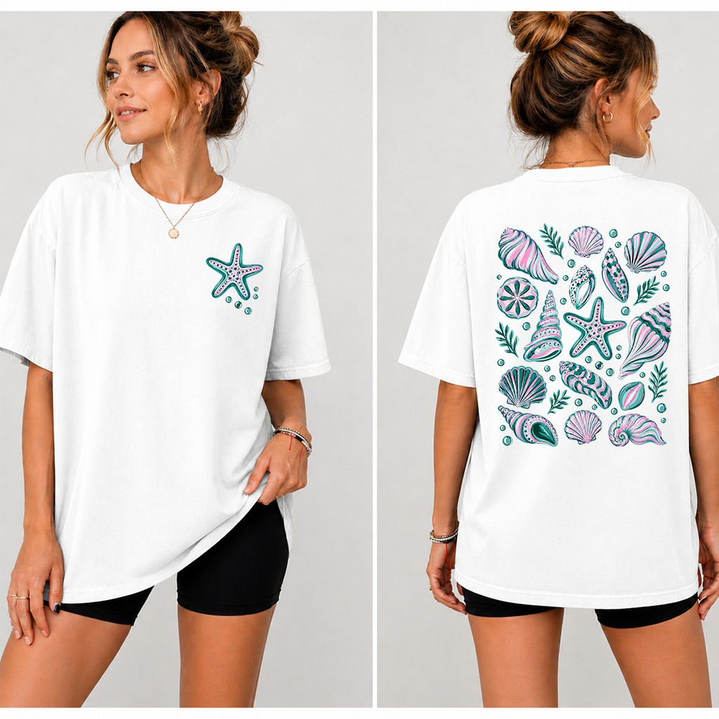 Preppy Summer Vibes Sea Shell T-Shirt - Summer Vibes Gift for Ocean Lover - detail view