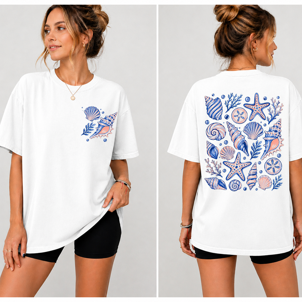 Watercolor Seashell T-Shirt - Coastal Summer Gift for Beach Lover - detail view