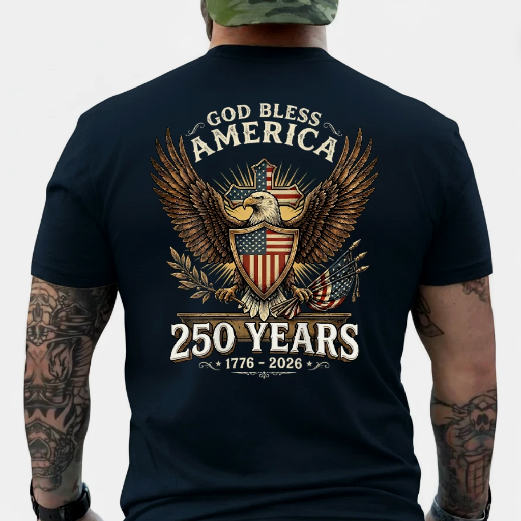 God Bless America 1776 2026 250 Years Christian T-Shirt (ON Back) - Patriotic Eagle Gift for Him - detail view