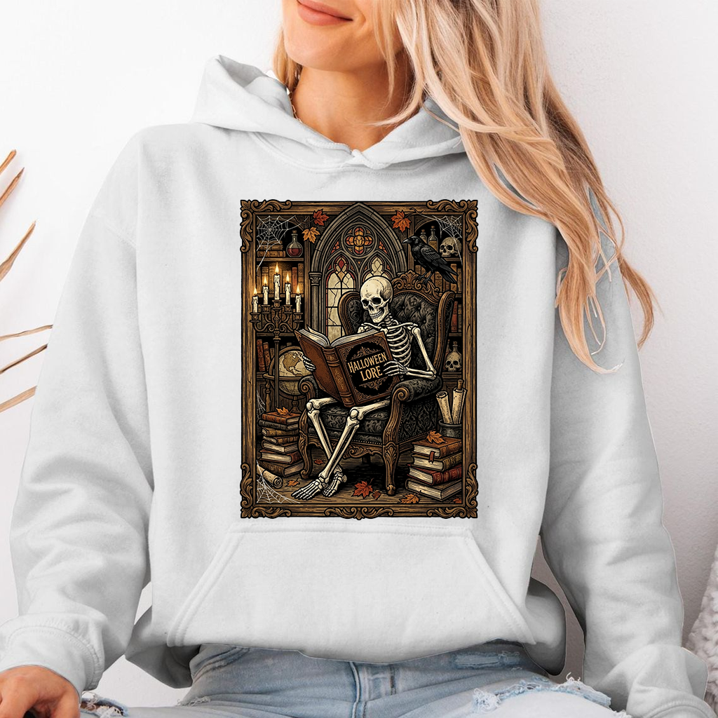 Spooky Skeleton Reading Gothic Library Halloween Hoodie| Vintage Skeleton Halloween Gift for Book Lover - detail view
