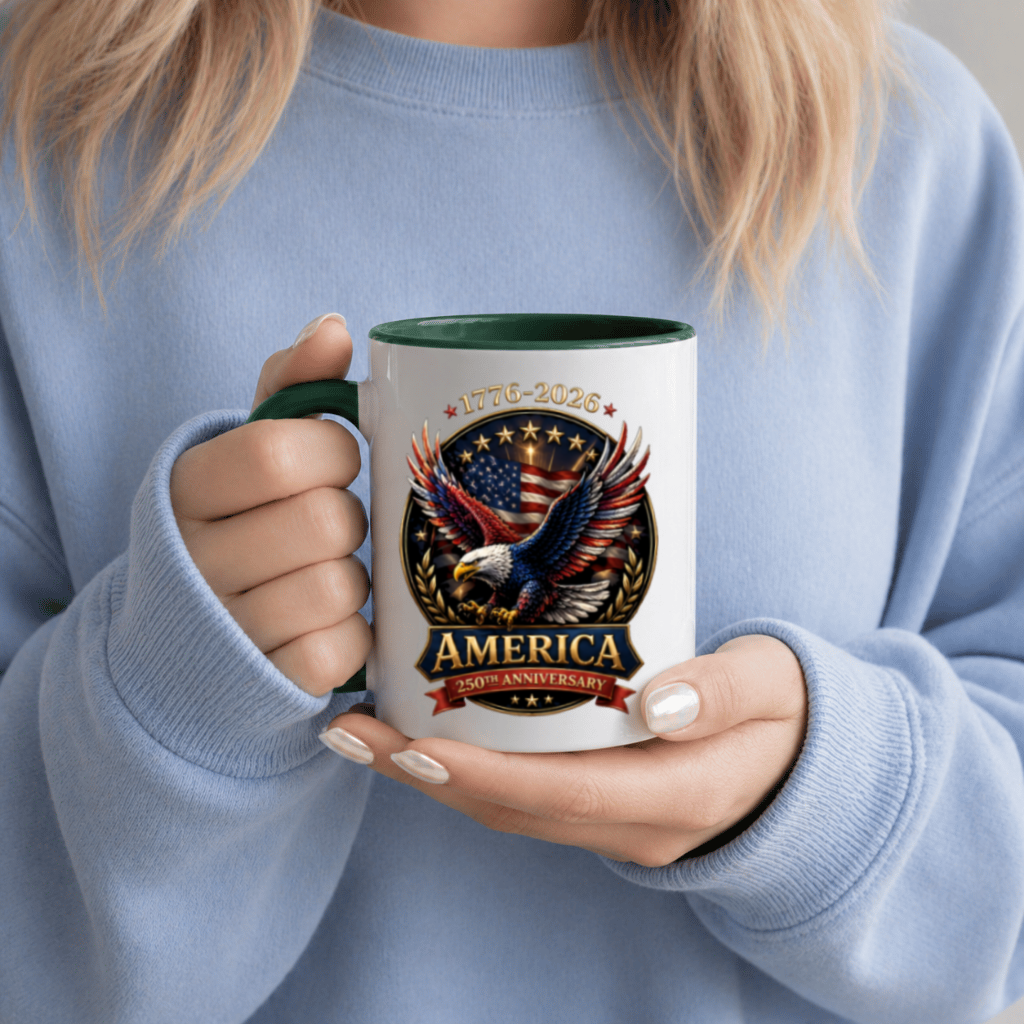 American Eagle 250th Anniversary Accent Mug – Independence Day 1776–2026 Patriotic Freedom Tee Gift for Dad - lifestyle view