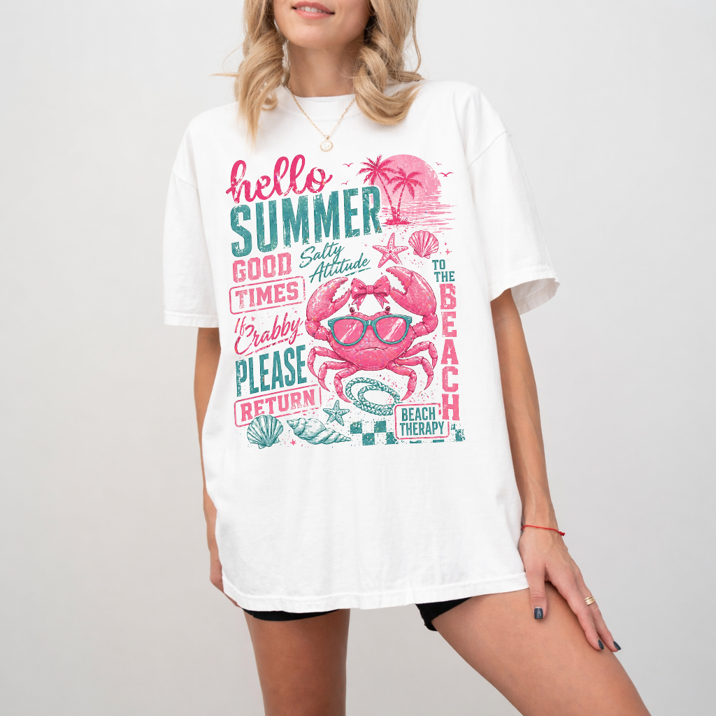 Retro Crabby Please Return to The Beach Wash Tee - Beach Therapy Shirt - Perfect Summer Vacation Gift for women - detail view